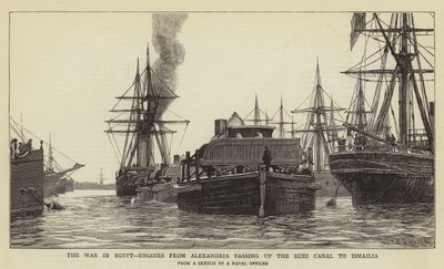 The War in Egypt, Engines from Alexandria passing up the Suez Canal to Ismailia by Charles William Wyllie